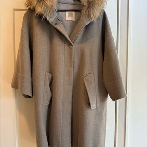 Eleventy Taupe Cape with Faux Fur Trim